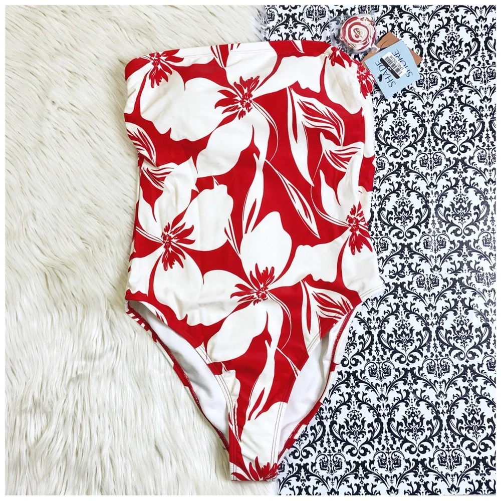 NWT Shade & Shore size M tropical bandeau floral one piece high cheeky swimsuit